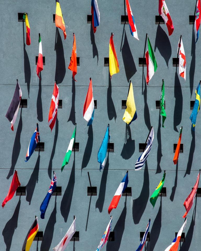 Multi-national flags on a wall